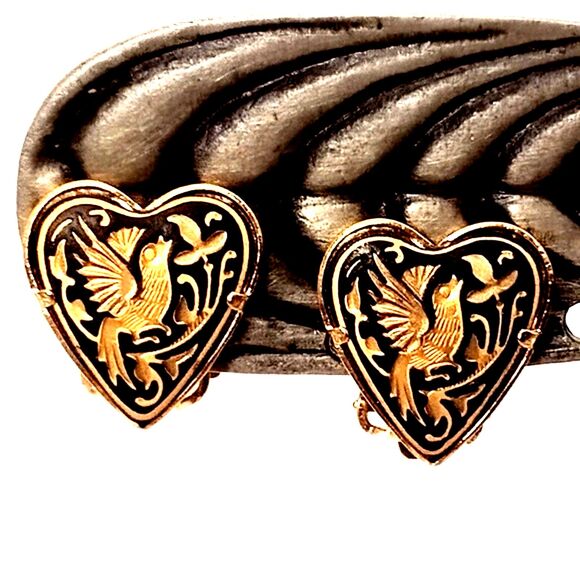Vtg Spanish Damascene NOS Toledo Ware Bird and Heart Clip Earrings - Picture 5 of 7